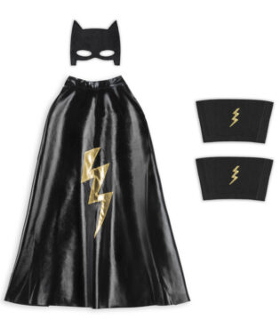 KIT SUPER HEROS NOIR AVEC CAPE MASQUE ET MANCHETTES NOIR ET OR DEGUISEMENTS POUR ENFANTS RATATAM KIDS S069