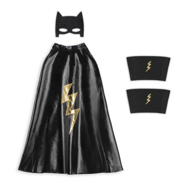 KIT SUPER HEROS NOIR AVEC CAPE MASQUE ET MANCHETTES NOIR ET OR DEGUISEMENTS POUR ENFANTS RATATAM KIDS S069