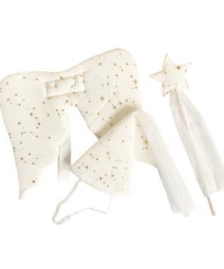 SF-C017 BABY SET FEE - AILES D'ANGES, BAGUETTE MAGIQUE ET CHAPEAU DORES POUR BEBE