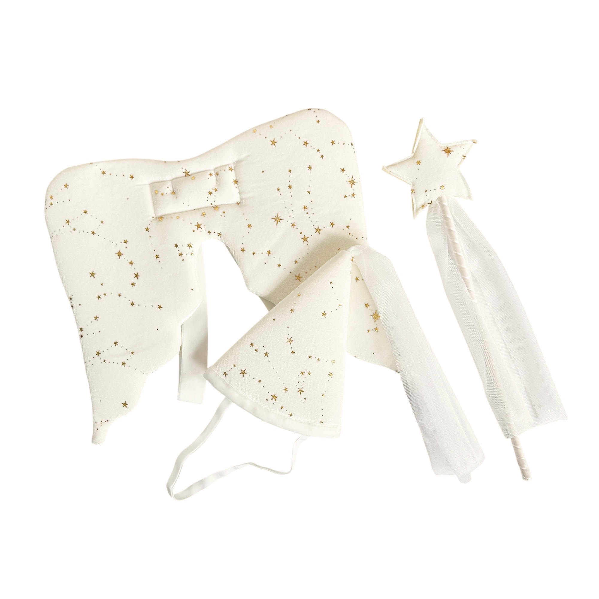 SF-C017 BABY SET FEE - AILES D'ANGES, BAGUETTE MAGIQUE ET CHAPEAU DORES POUR BEBE