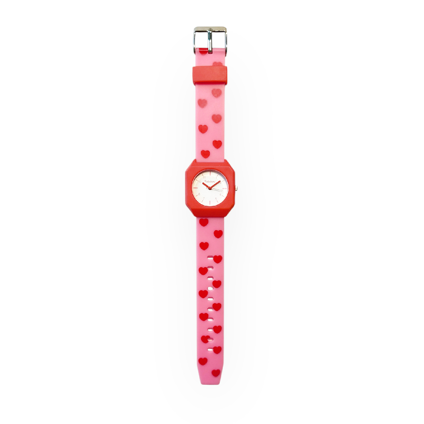 Montre rose à coeur rouge